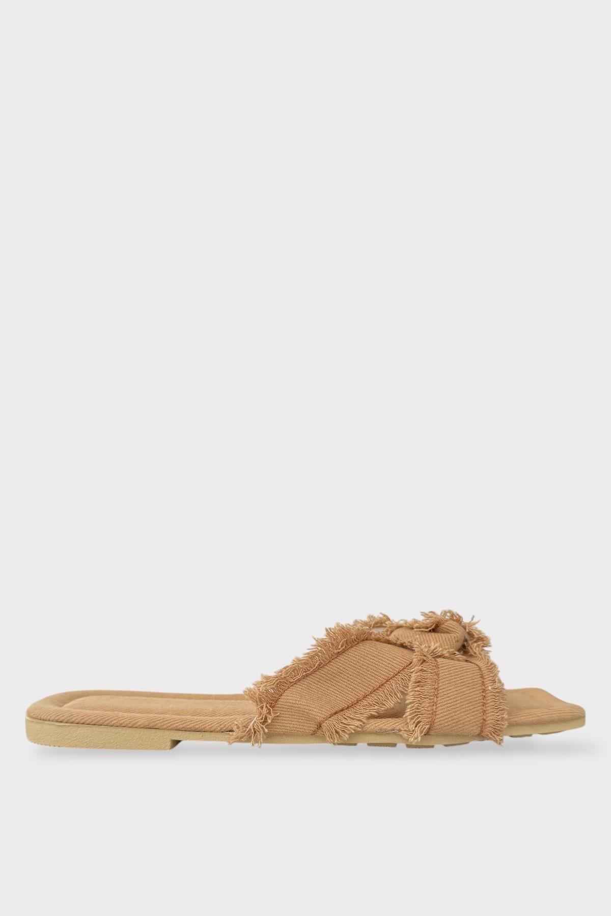 Kadın Püskül Detay Çapraz Denim Terlik BEJ - Görsel 2