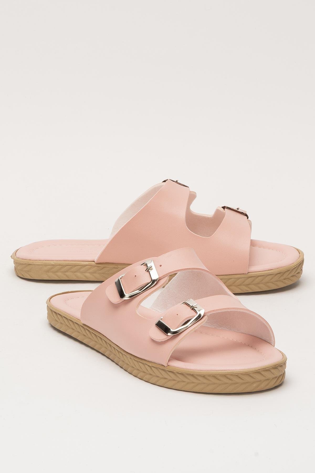 Kadın Çift Bant Ayarlanabilr Tokalı Terlik PUDRA - Görsel 3