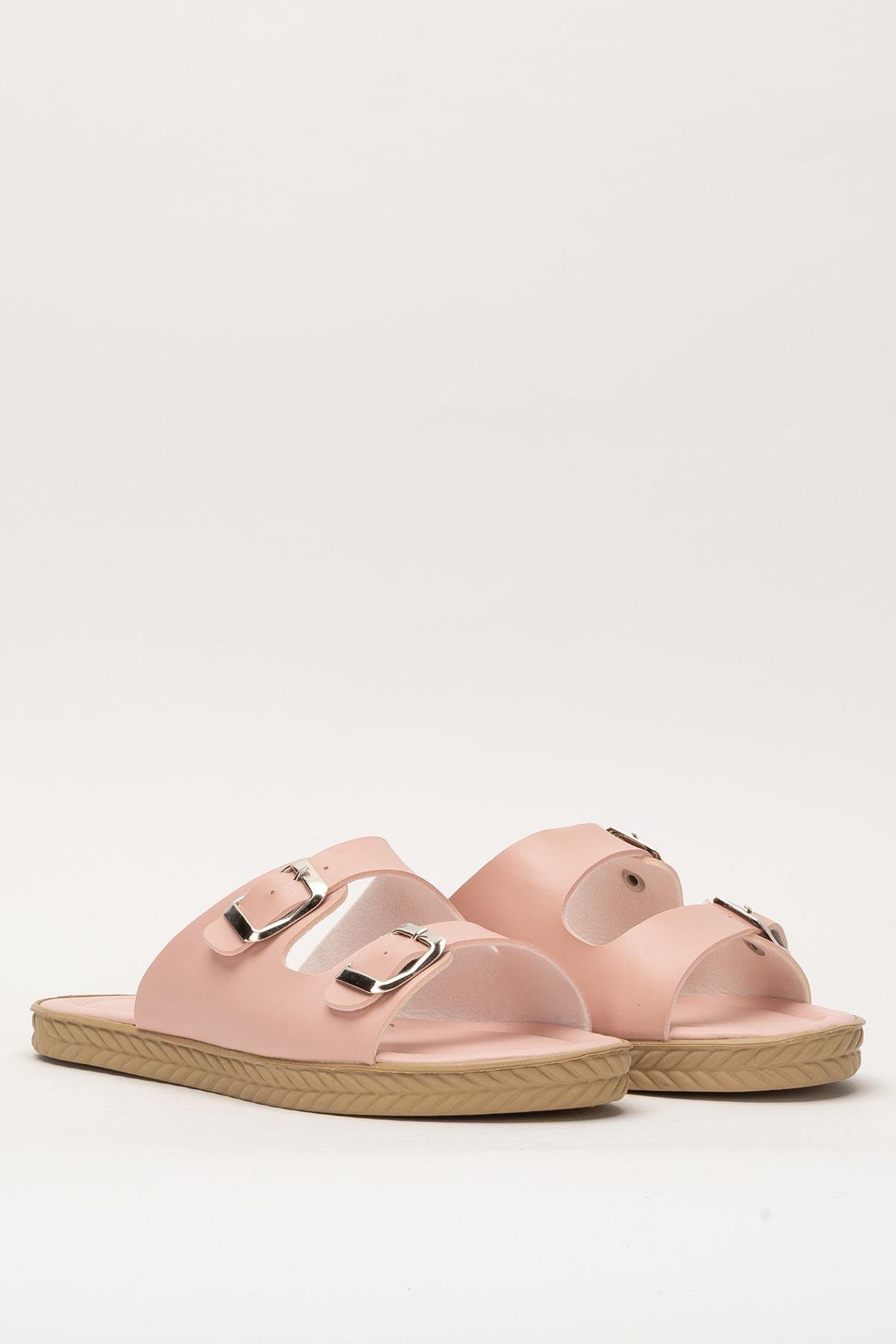 Kadın Çift Bant Ayarlanabilr Tokalı Terlik PUDRA - Görsel 4