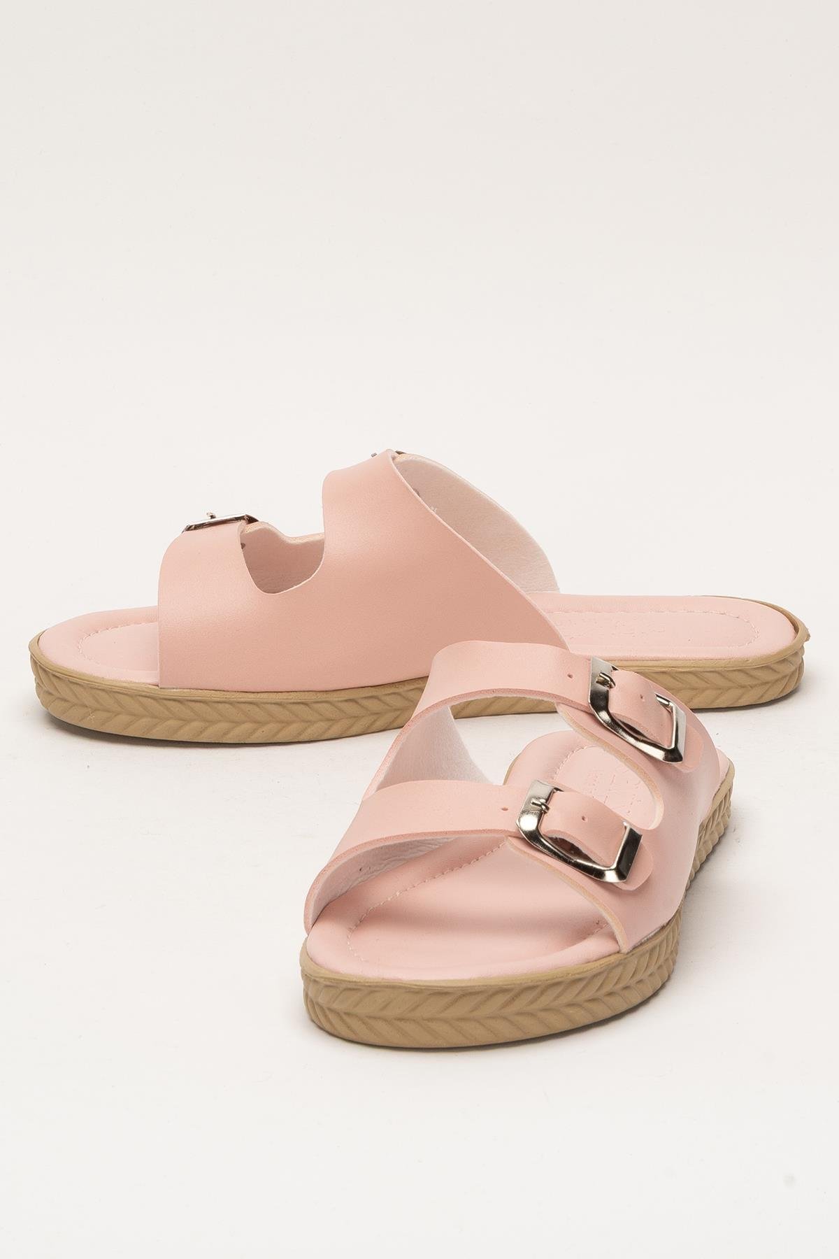 Kadın Çift Bant Ayarlanabilr Tokalı Terlik PUDRA - Görsel 6