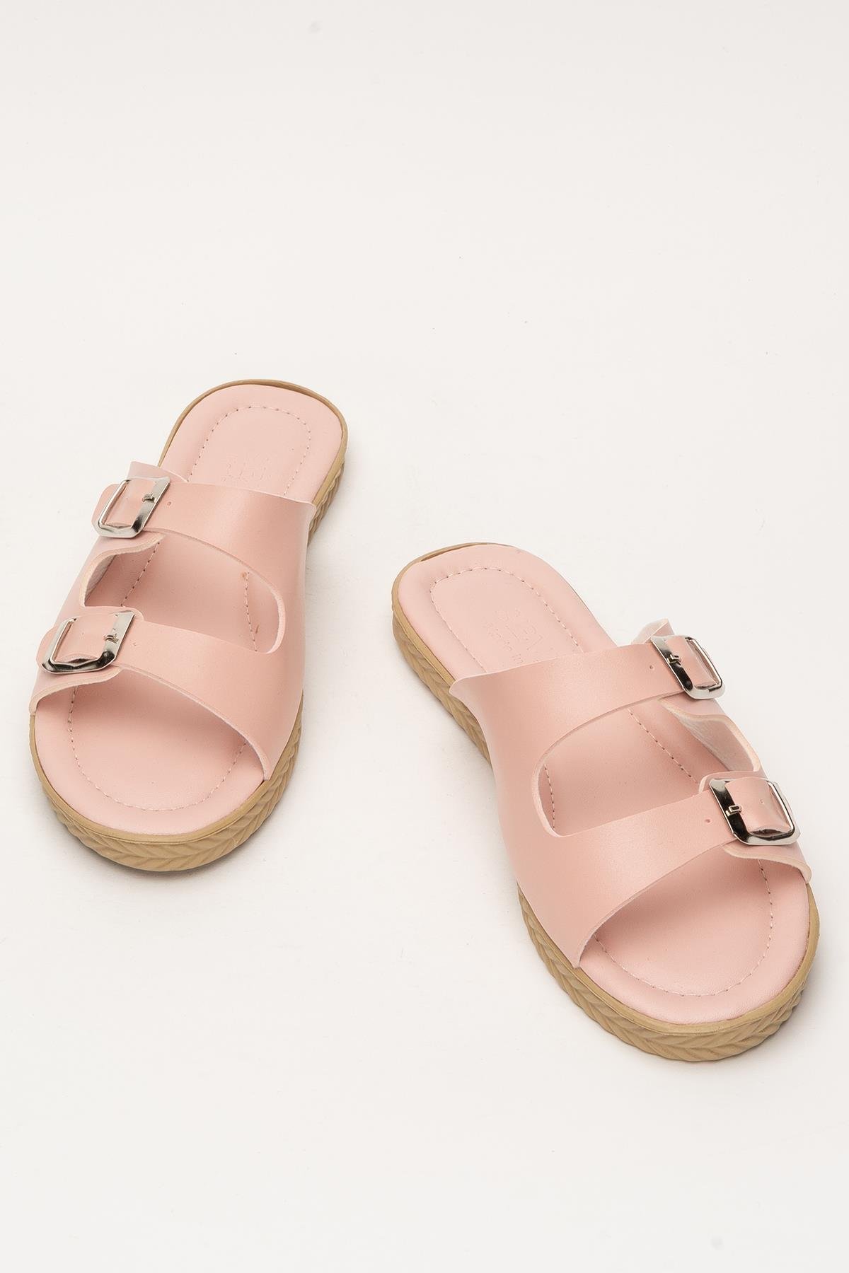 Kadın Çift Bant Ayarlanabilr Tokalı Terlik PUDRA - Görsel 7