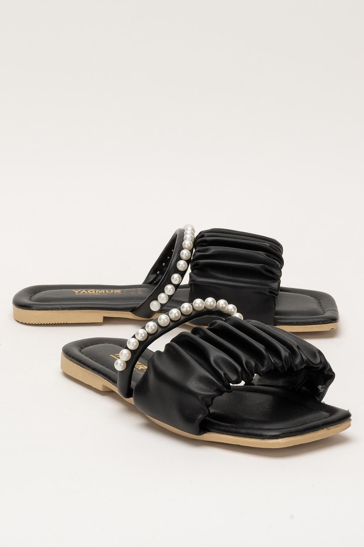 Kadın İnci Taşlı Büzgülü Terlik SİYAH - Görsel 3