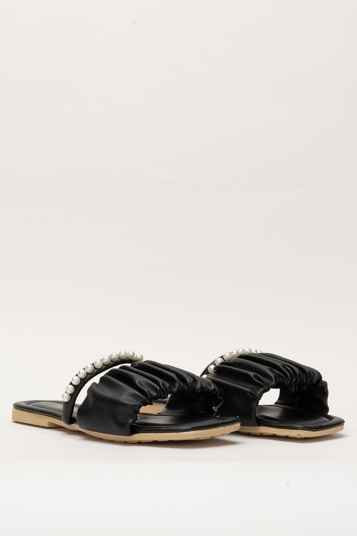 Kadın İnci Taşlı Büzgülü Terlik SİYAH - Görsel 4