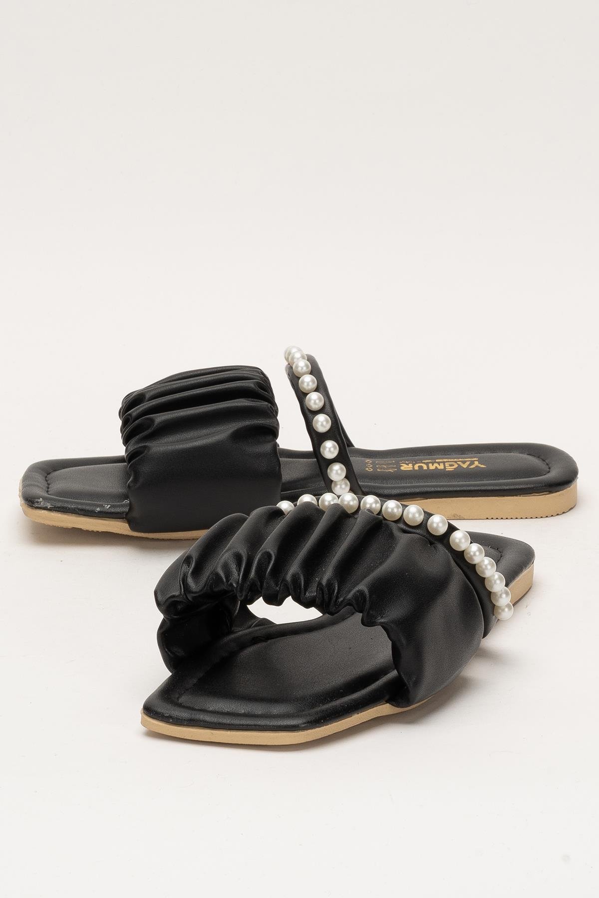 Kadın İnci Taşlı Büzgülü Terlik SİYAH - Görsel 6