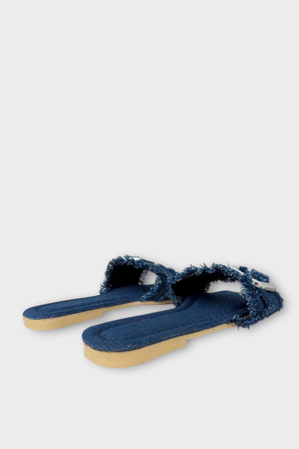 Kadın Püskül Detay Tokalı Denim Terlik LACİVERT - Görsel 6