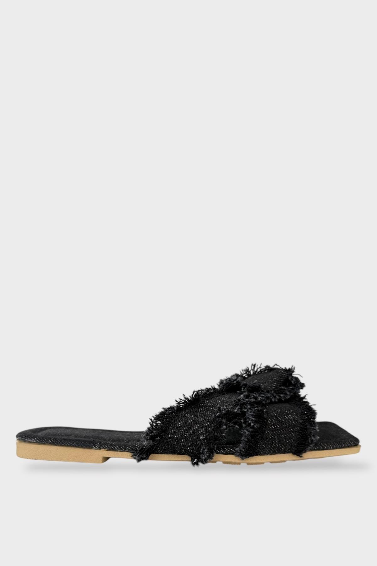 Kadın Püskül Detay Çapraz Denim Terlik SİYAH - Görsel 2