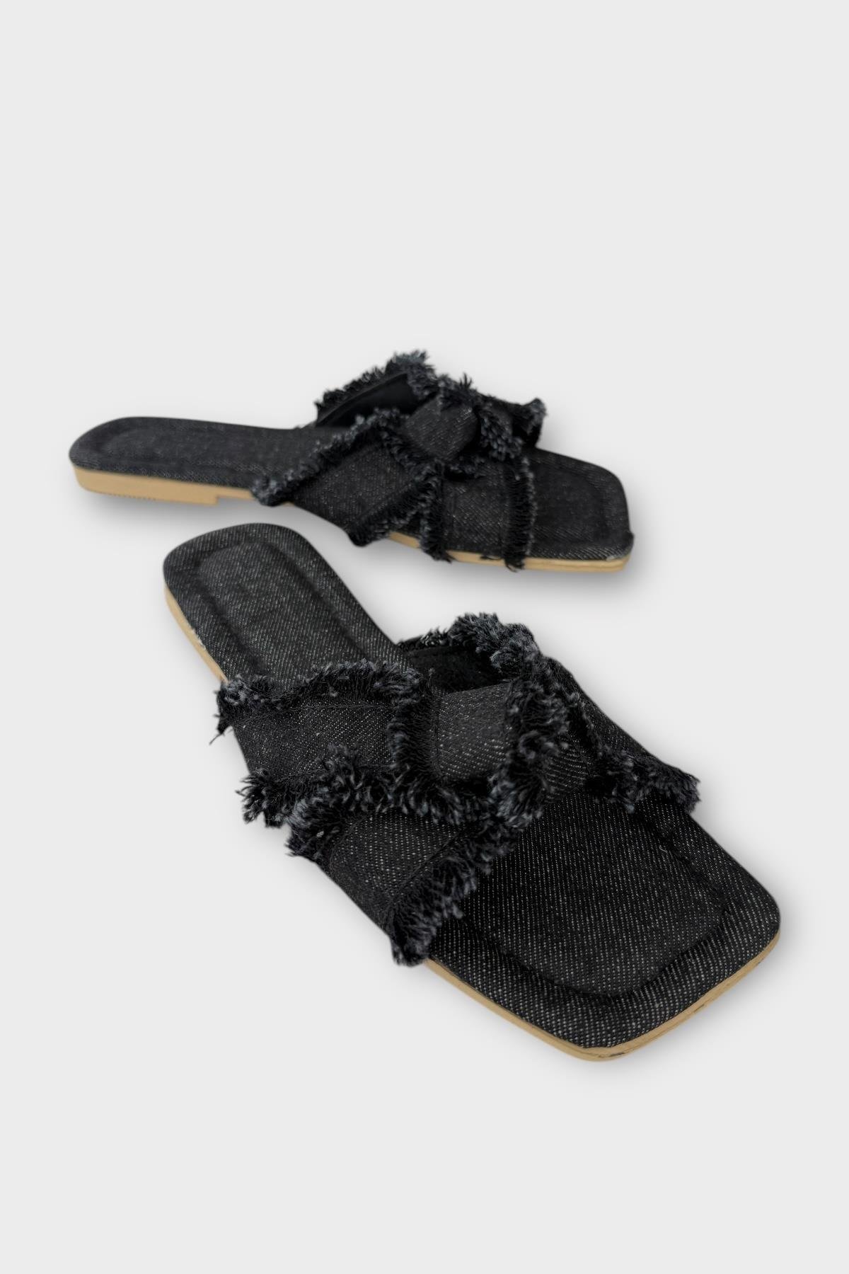 Kadın Püskül Detay Çapraz Denim Terlik SİYAH - Görsel 3