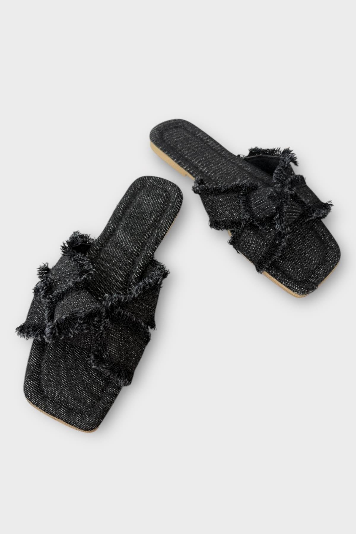 Kadın Püskül Detay Çapraz Denim Terlik SİYAH - Görsel 4