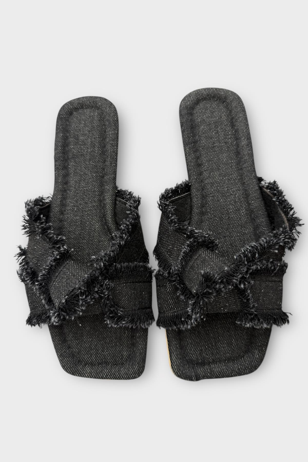 Kadın Püskül Detay Çapraz Denim Terlik SİYAH - Görsel 7