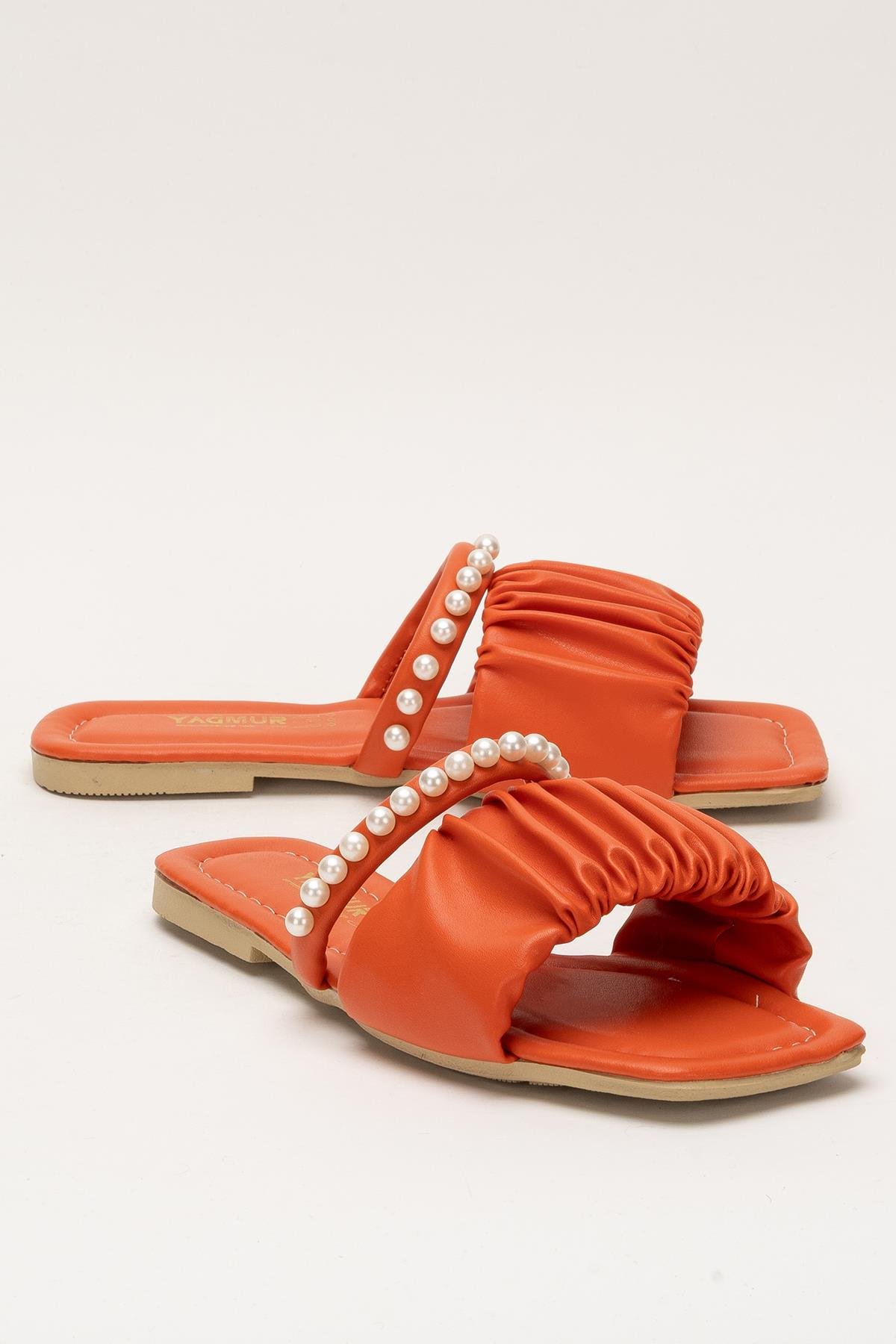 Kadın İnci Taşlı Büzgülü Terlik TURUNCU - Görsel 3