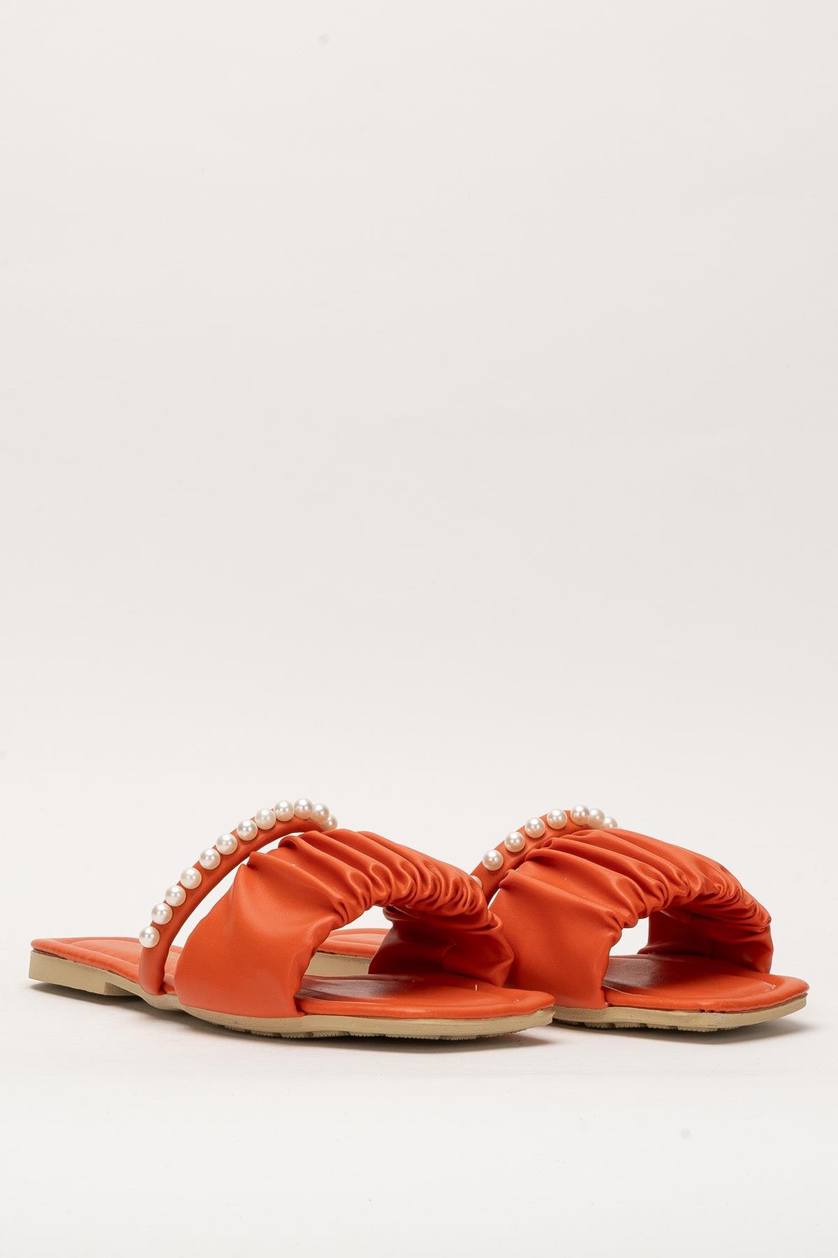 Kadın İnci Taşlı Büzgülü Terlik TURUNCU - Görsel 4