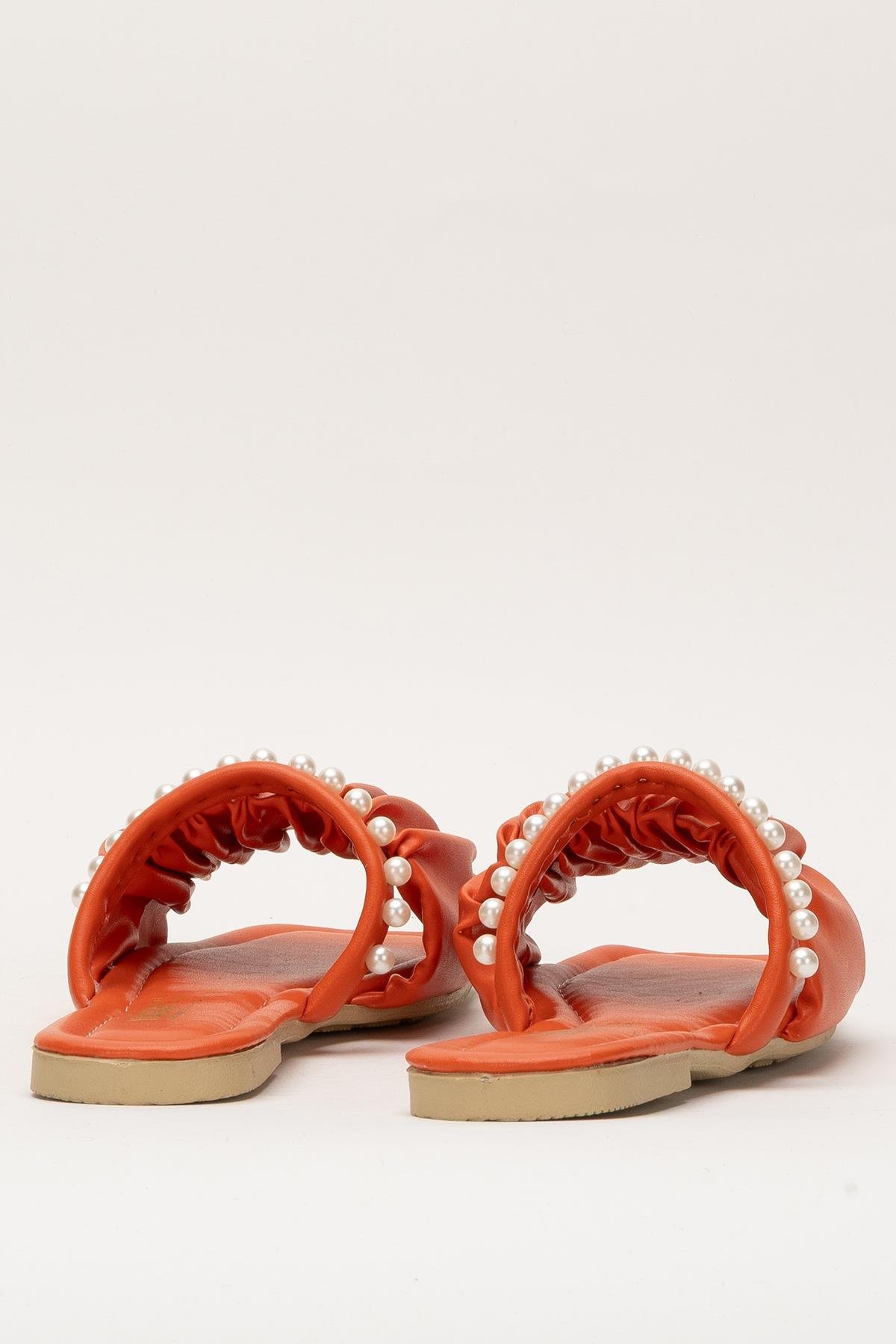 Kadın İnci Taşlı Büzgülü Terlik TURUNCU - Görsel 5