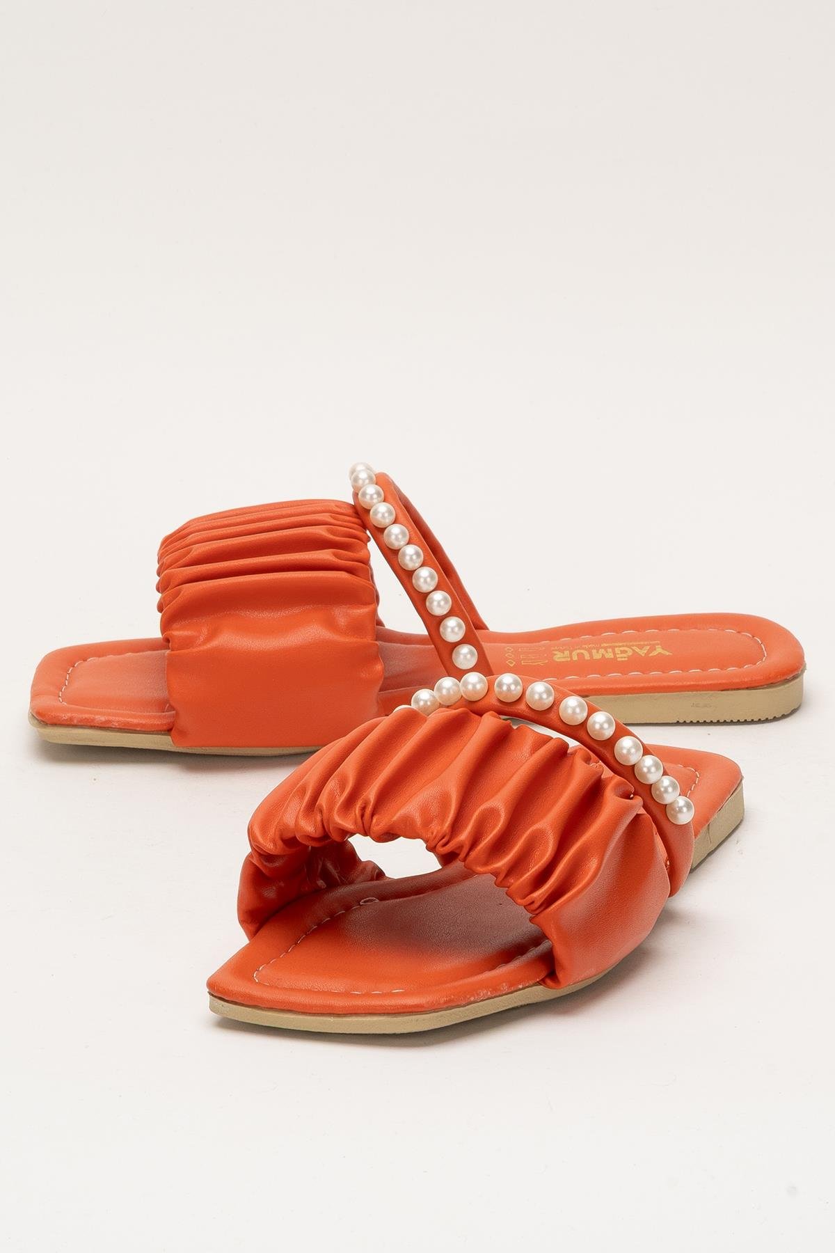 Kadın İnci Taşlı Büzgülü Terlik TURUNCU - Görsel 6