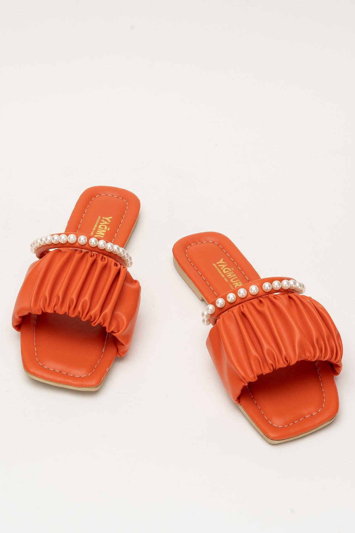 Kadın İnci Taşlı Büzgülü Terlik TURUNCU - Görsel 7