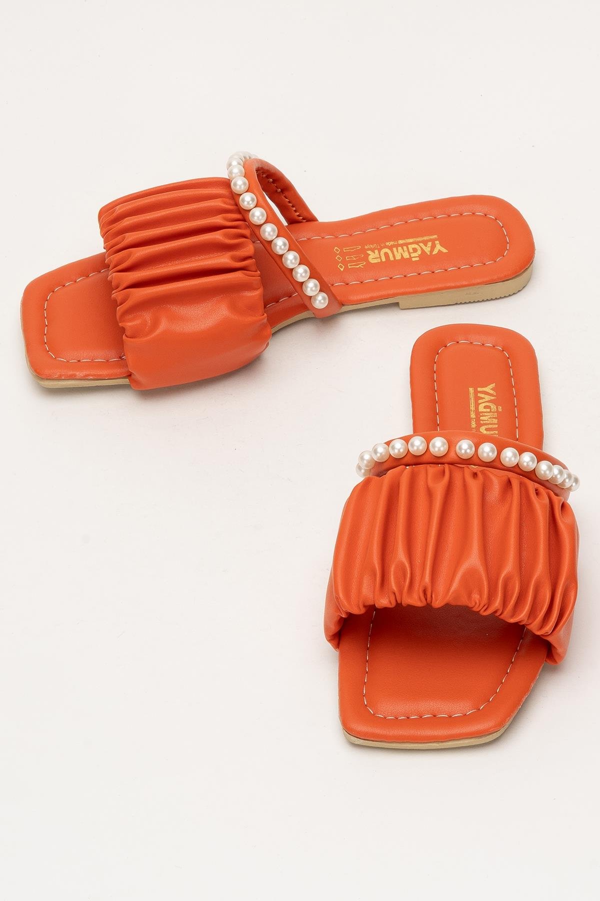 Kadın İnci Taşlı Büzgülü Terlik TURUNCU - Görsel 8