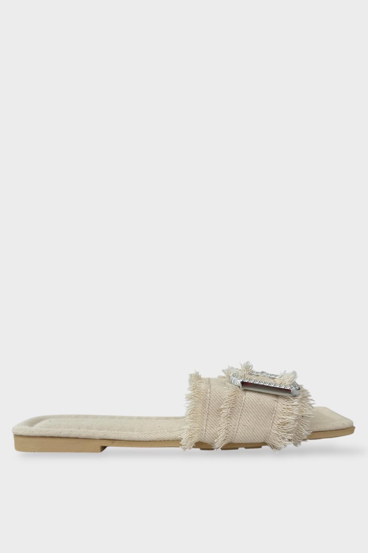 Kadın Püskül Detay Tokalı Denim Terlik KREM - Görsel 2