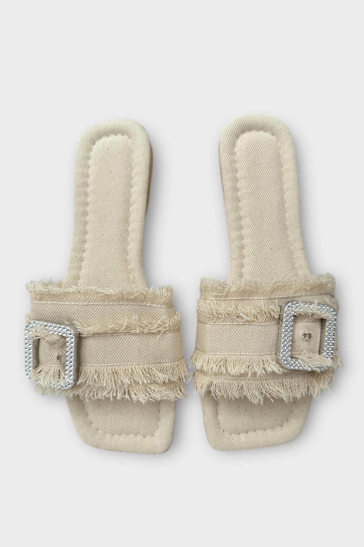 Kadın Püskül Detay Tokalı Denim Terlik KREM - Görsel 7