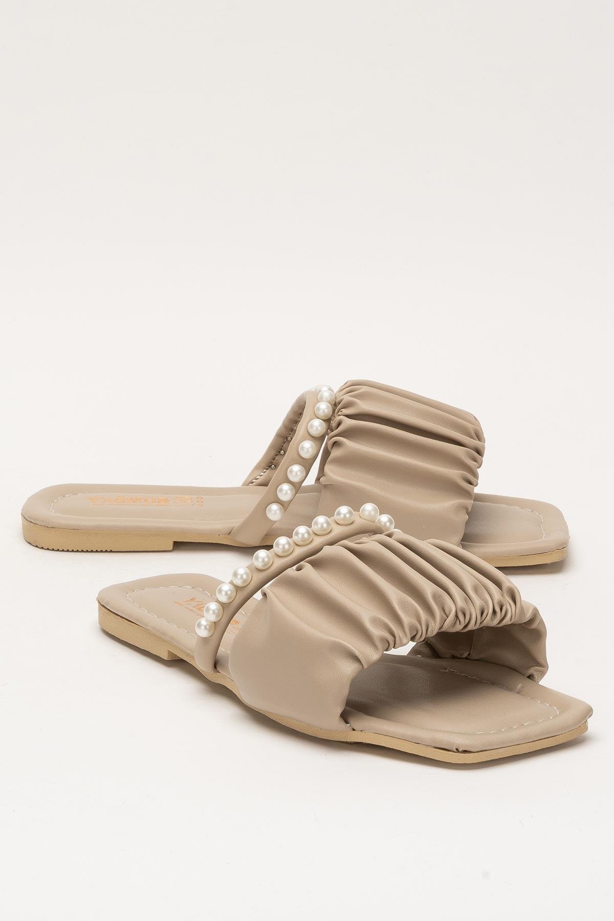 Kadın İnci Taşlı Büzgülü Terlik BEJ - Görsel 3