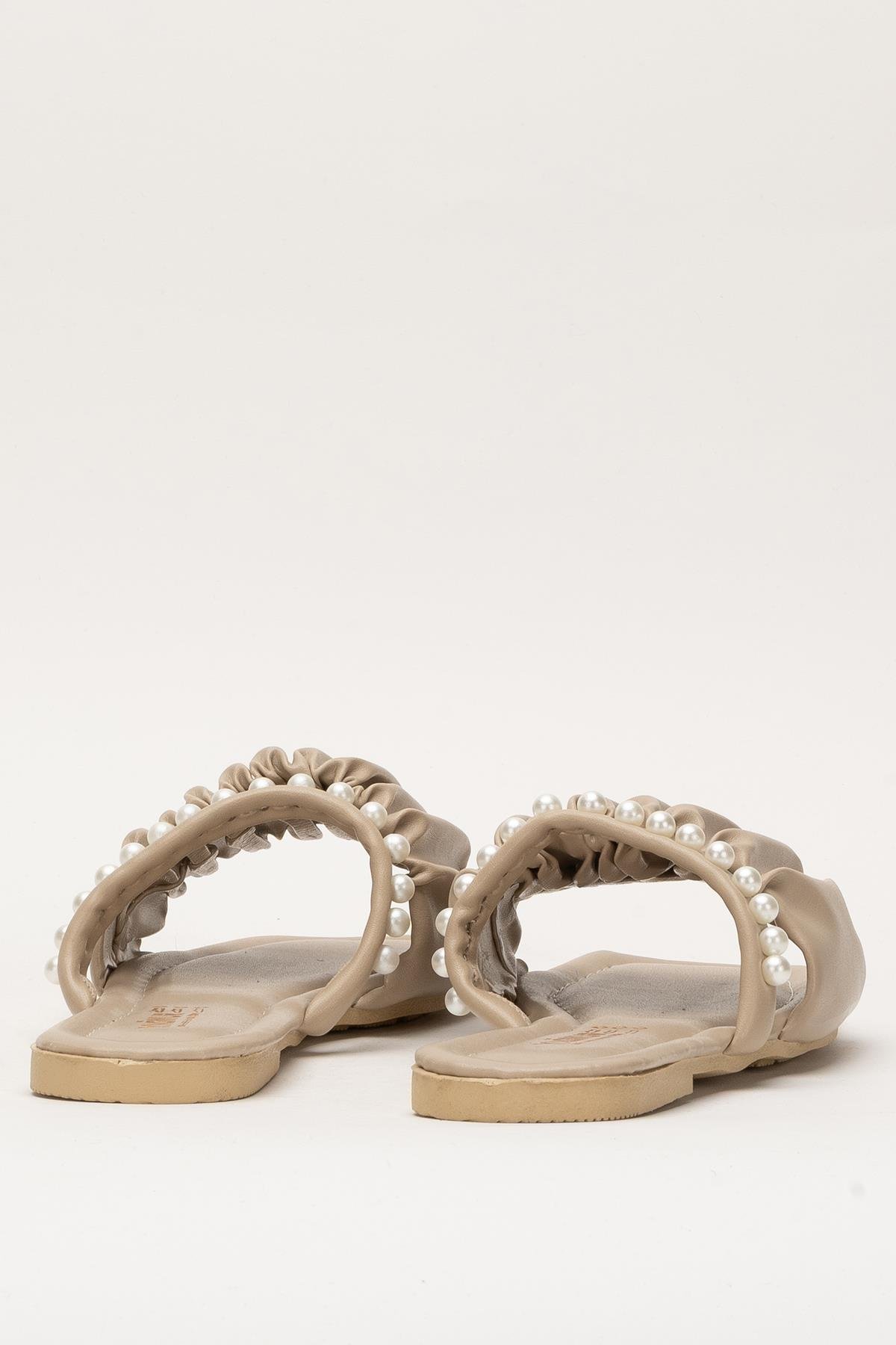 Kadın İnci Taşlı Büzgülü Terlik BEJ - Görsel 5