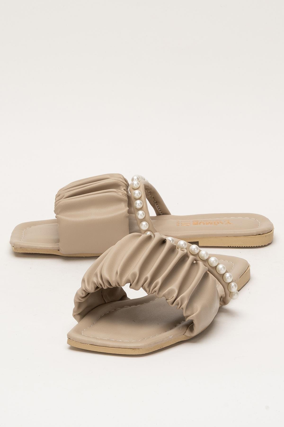 Kadın İnci Taşlı Büzgülü Terlik BEJ - Görsel 6