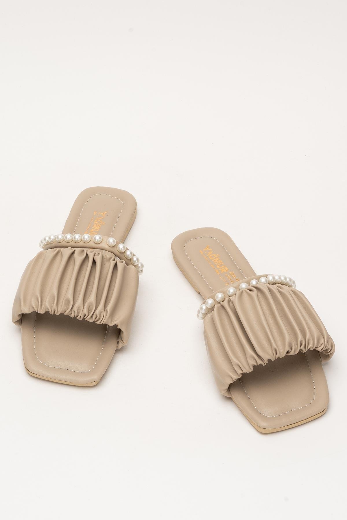 Kadın İnci Taşlı Büzgülü Terlik BEJ - Görsel 7