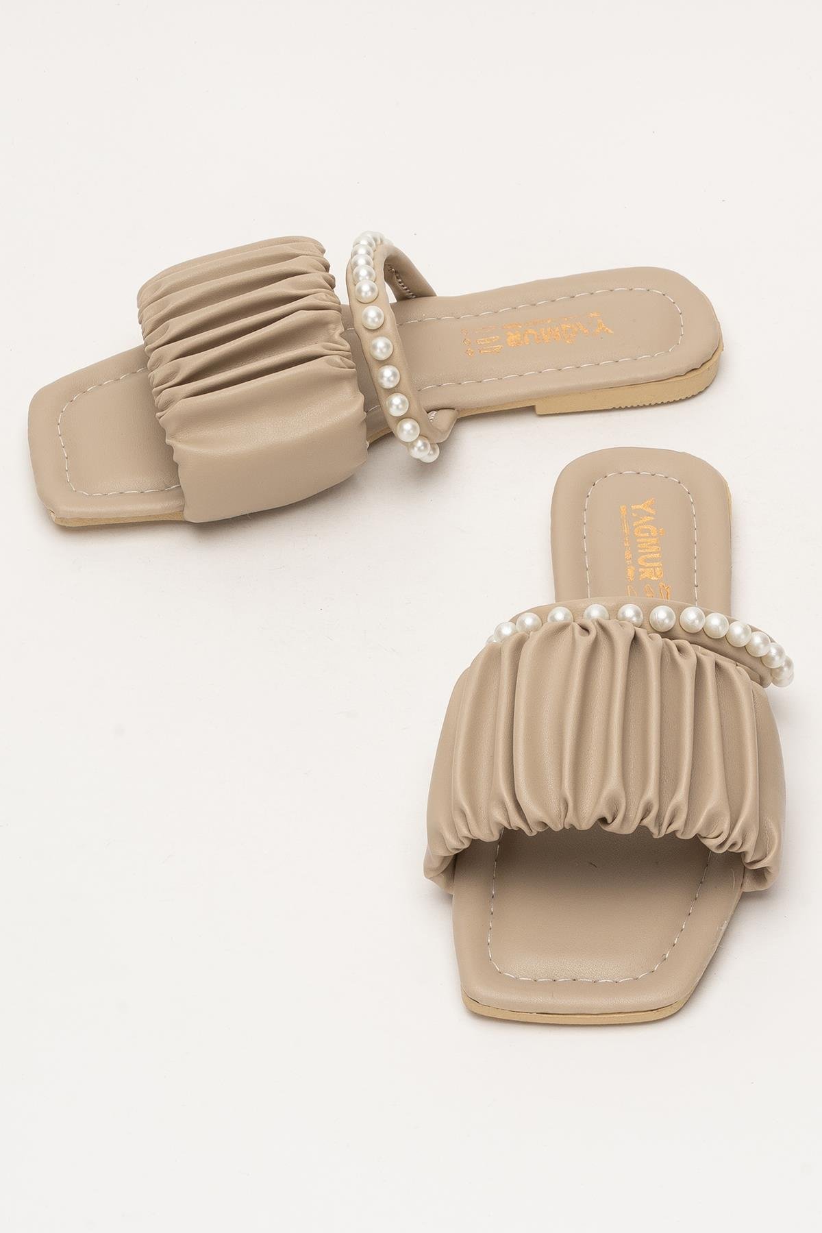 Kadın İnci Taşlı Büzgülü Terlik BEJ - Görsel 8