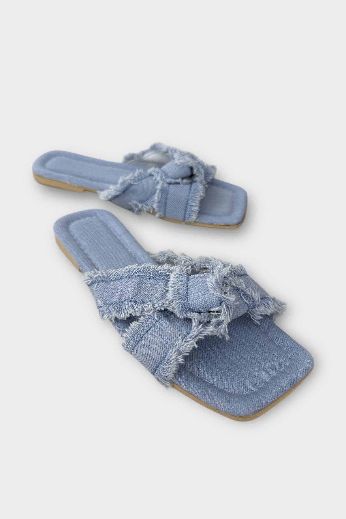 Kadın Püskül Detay Çapraz Denim Terlik MAVİ - Görsel 3