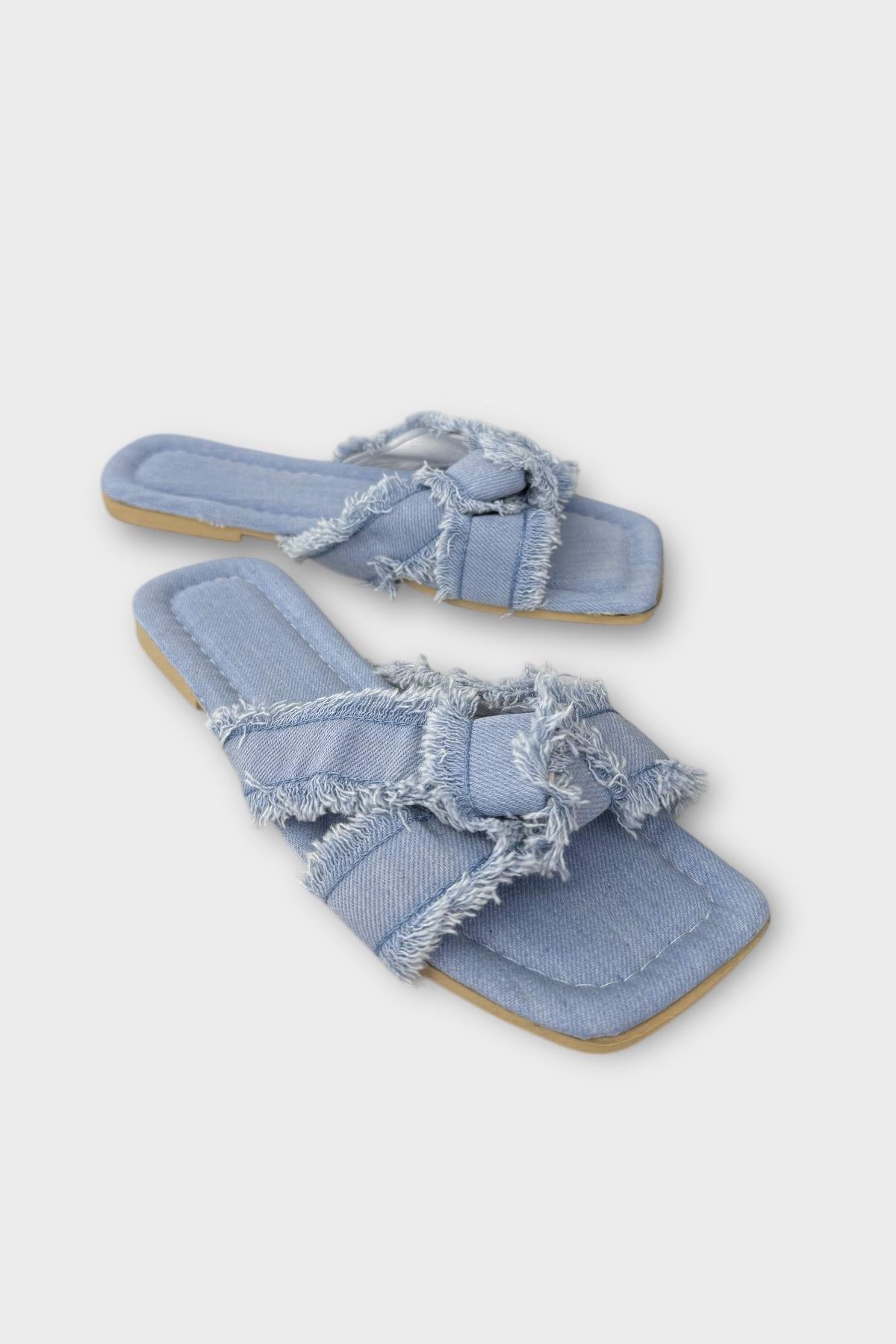 Kadın Püskül Detay Çapraz Denim Terlik MAVİ - Görsel 5