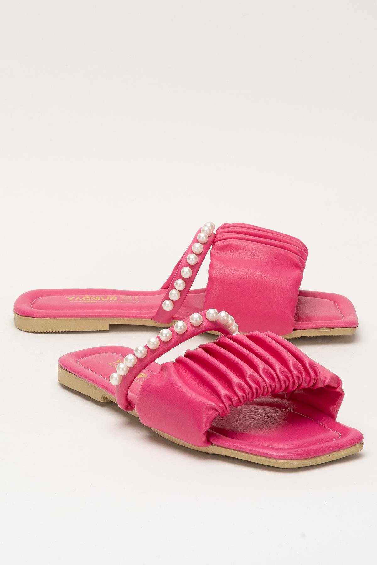 Kadın İnci Taşlı Büzgülü Terlik PEMBE - Görsel 3