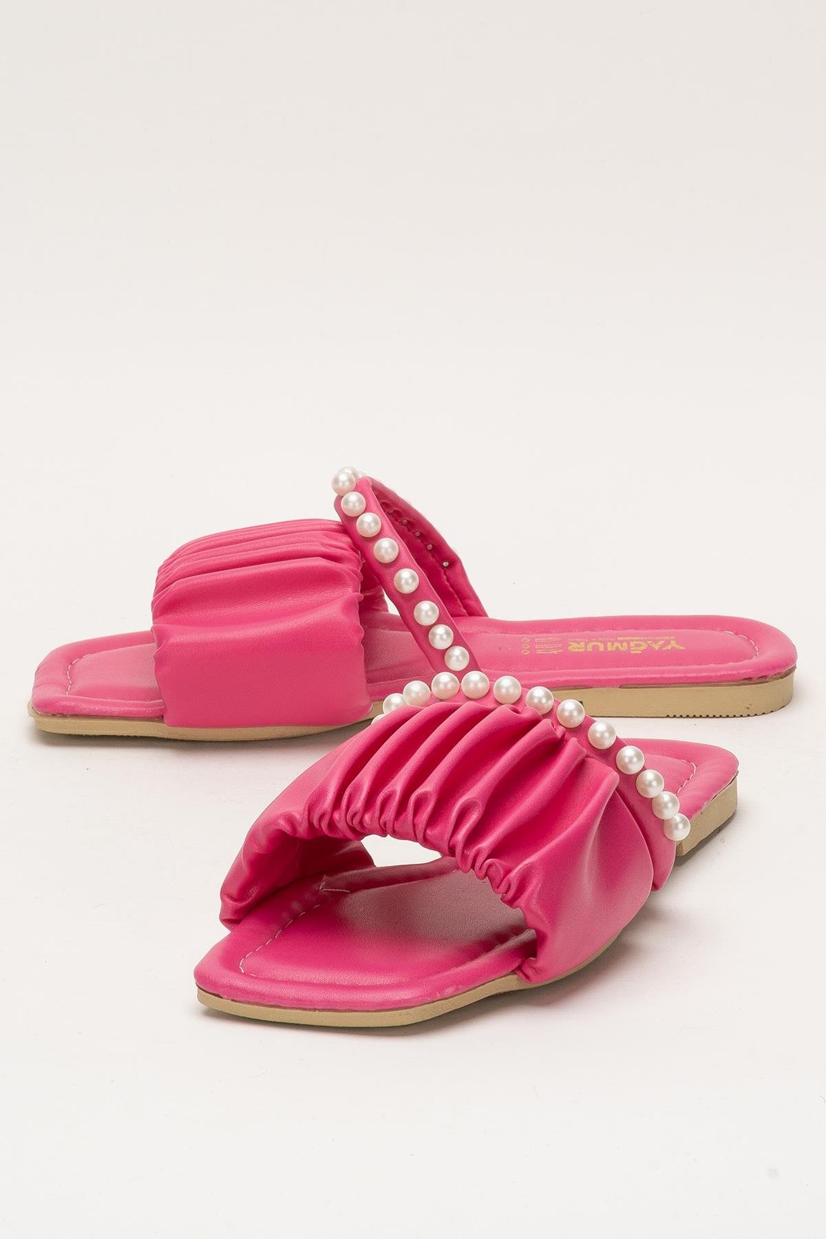 Kadın İnci Taşlı Büzgülü Terlik PEMBE - Görsel 6