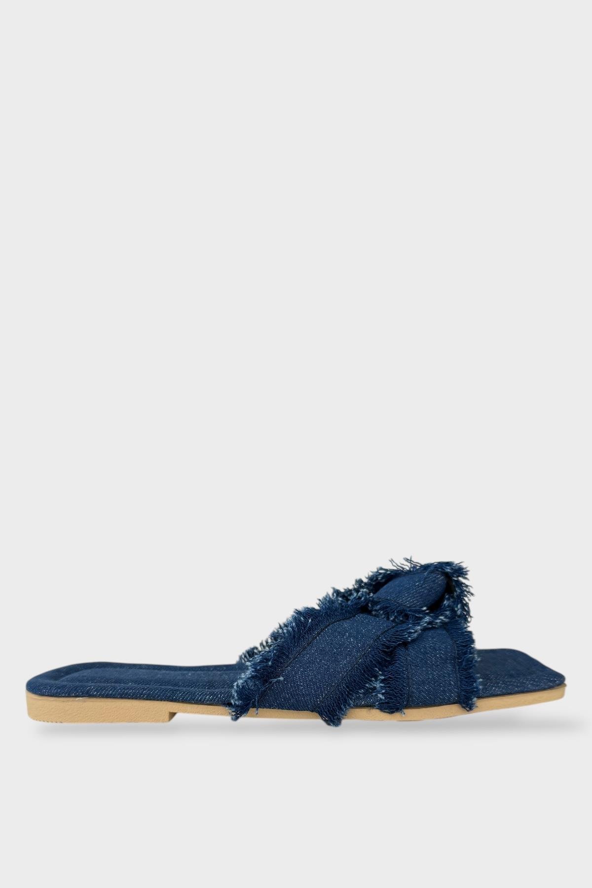 Kadın Püskül Detay Çapraz Denim Terlik LACİVERT - Görsel 2