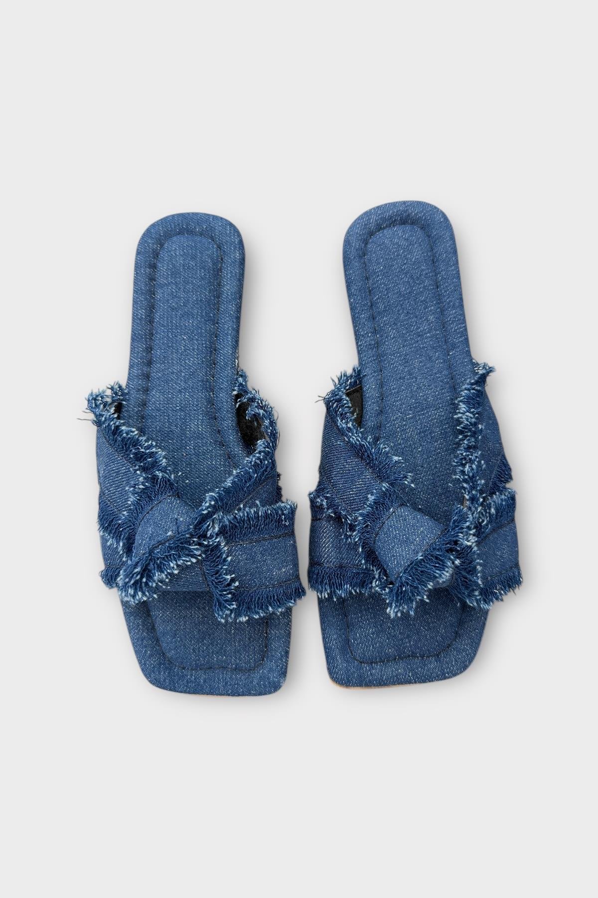 Kadın Püskül Detay Çapraz Denim Terlik LACİVERT - Görsel 7