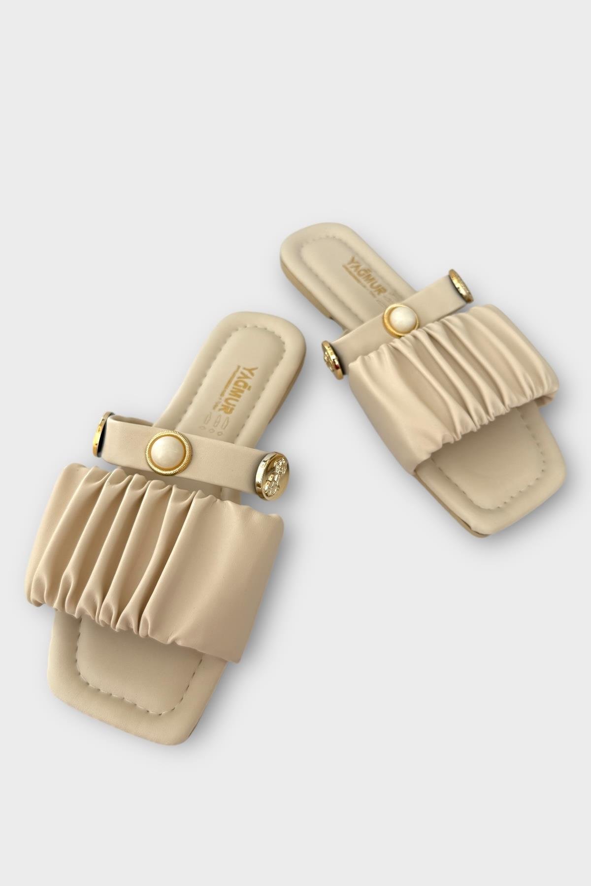 Kadın İnci Taşlı Büzgülü Terlik KREM - Görsel 3