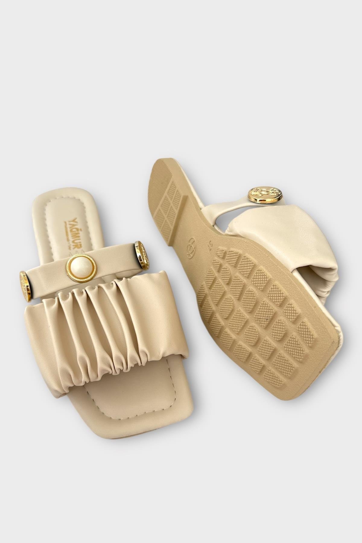 Kadın İnci Taşlı Büzgülü Terlik KREM - Görsel 4