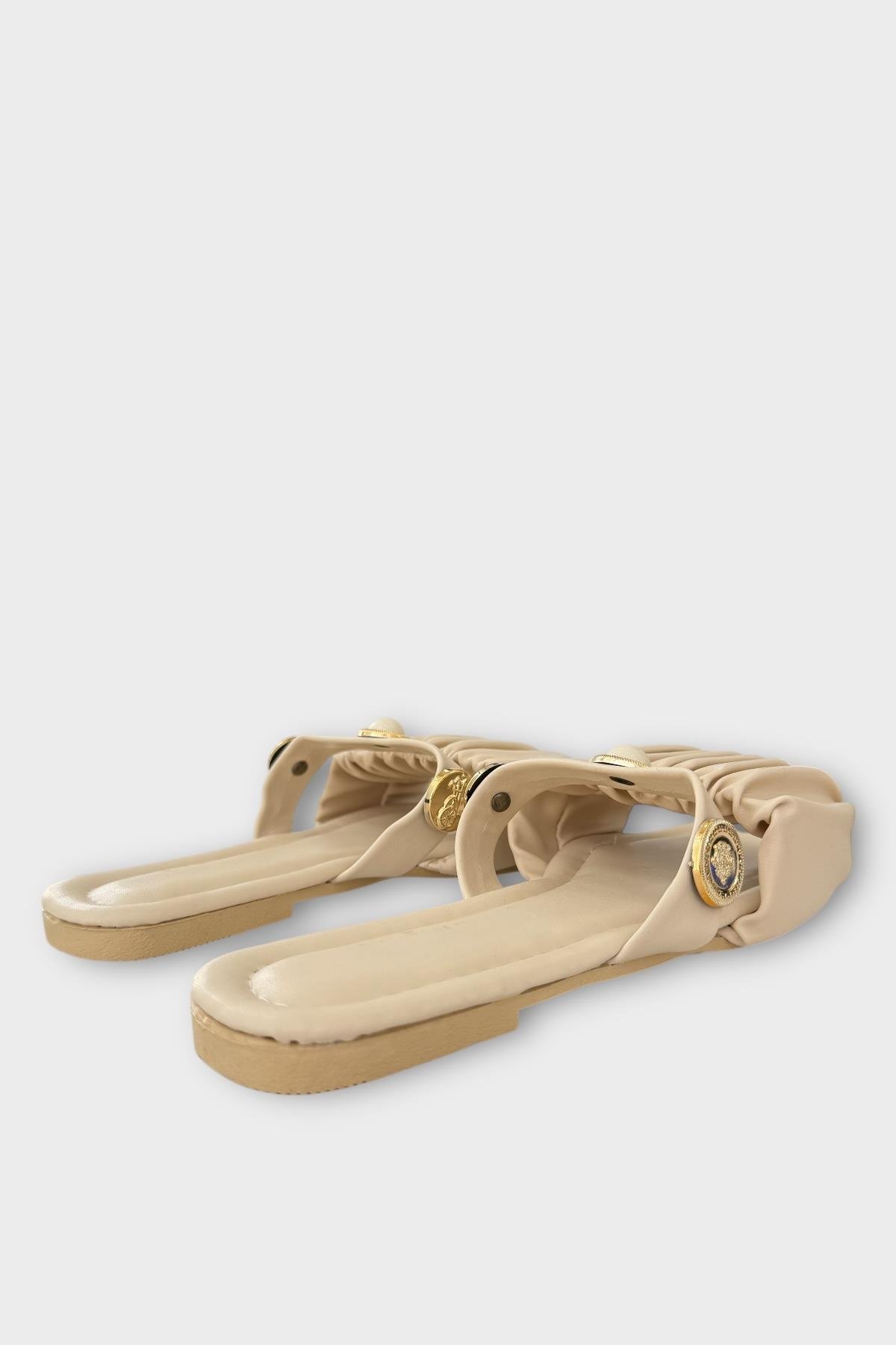 Kadın İnci Taşlı Büzgülü Terlik KREM - Görsel 5