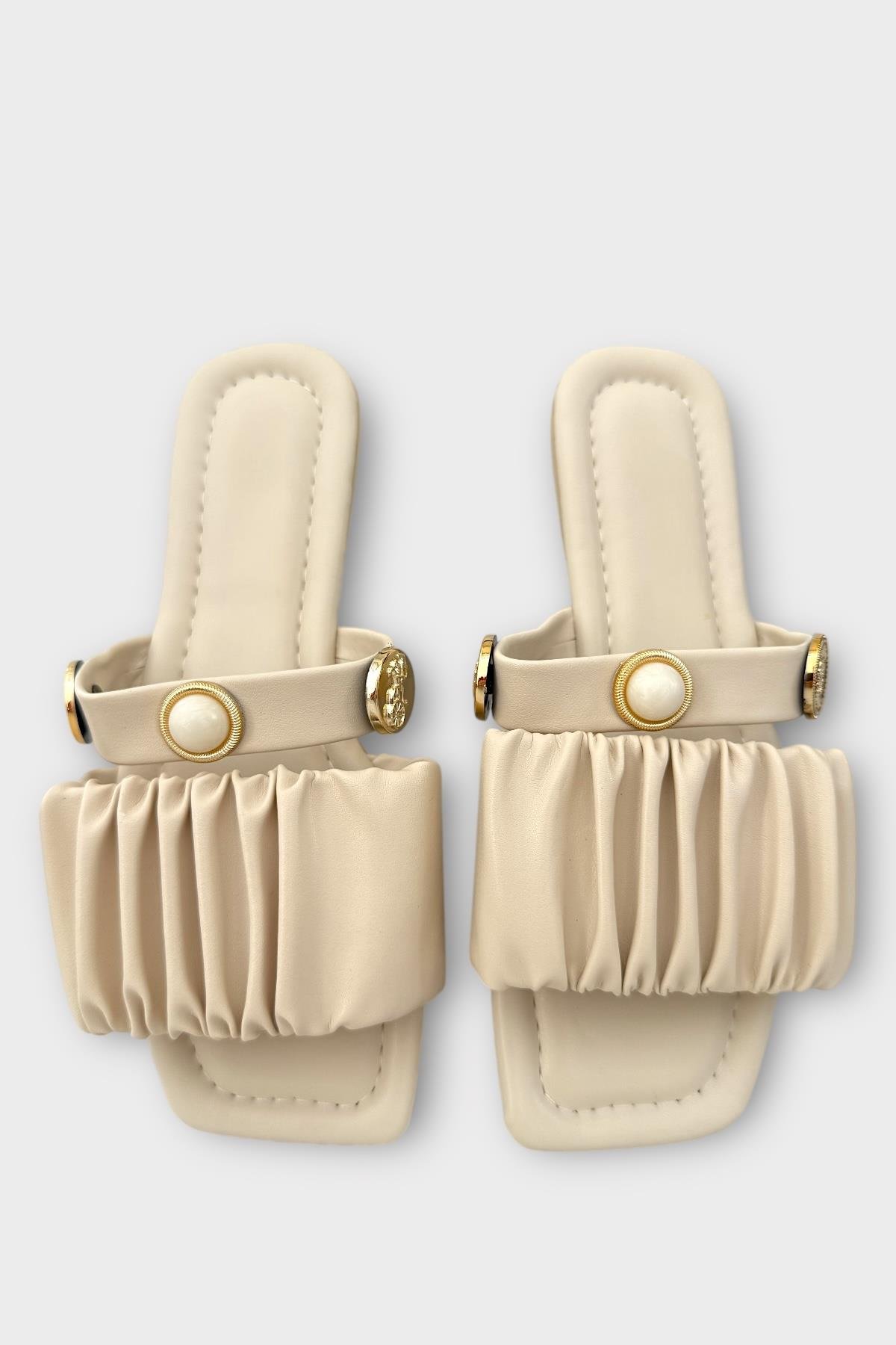 Kadın İnci Taşlı Büzgülü Terlik KREM - Görsel 6