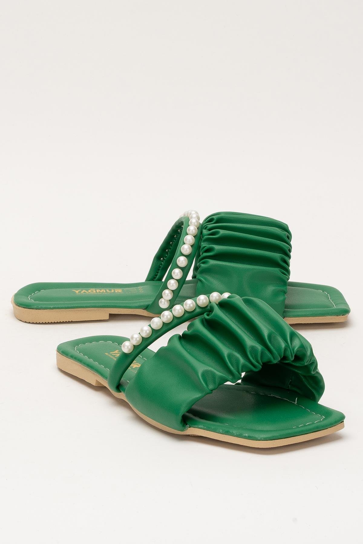 Kadın İnci Taşlı Büzgülü Terlik YEŞİL - Görsel 3