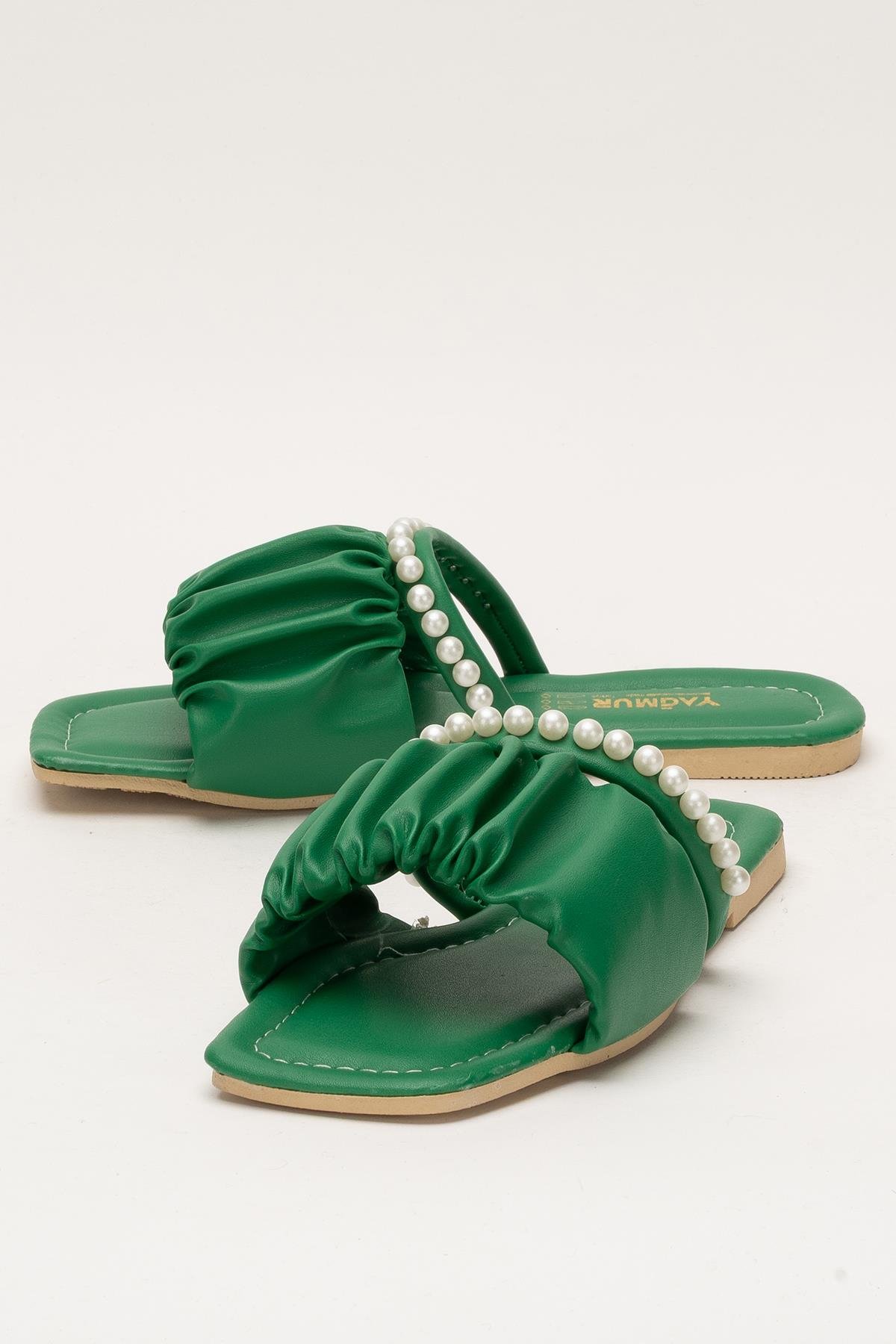 Kadın İnci Taşlı Büzgülü Terlik YEŞİL - Görsel 6