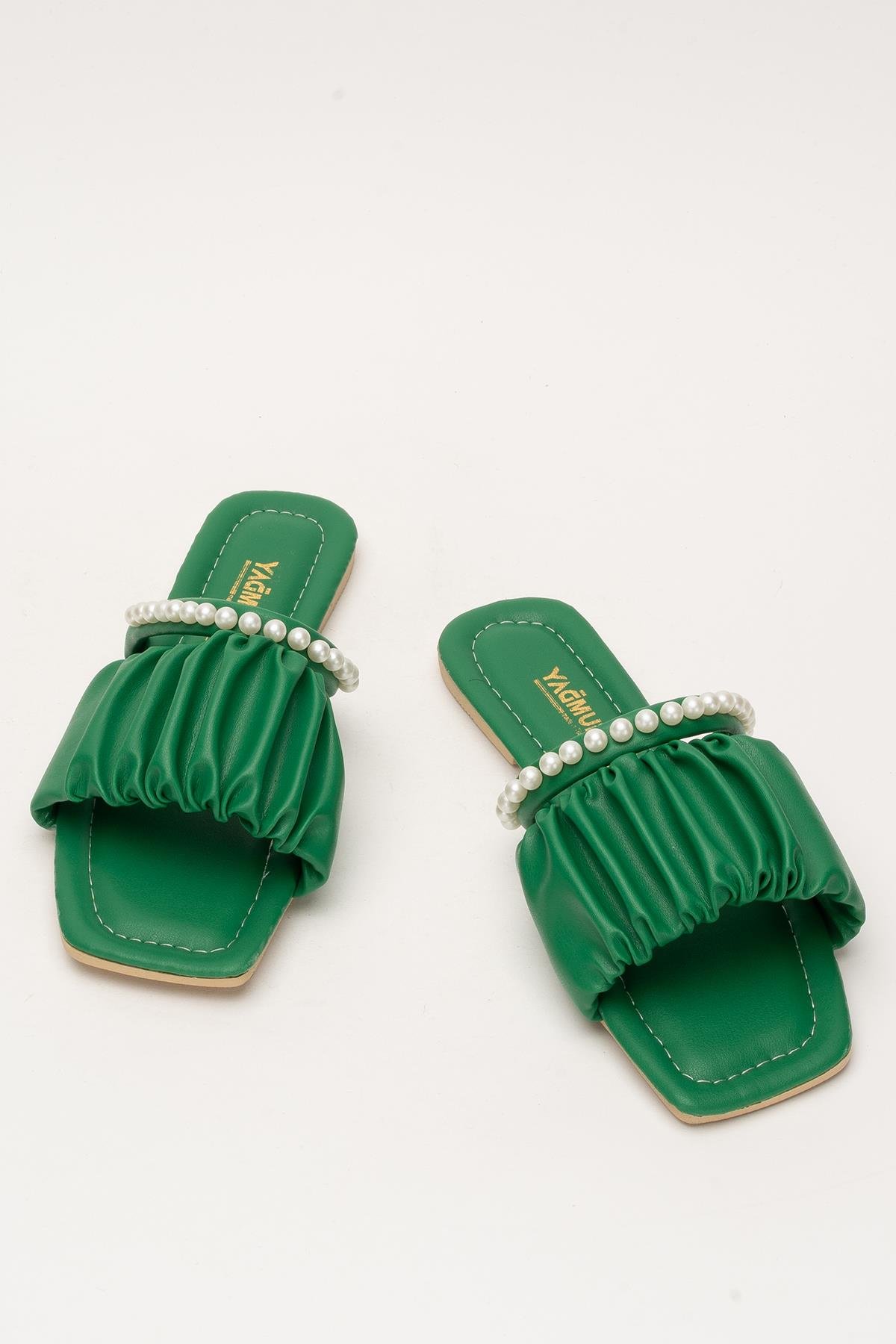 Kadın İnci Taşlı Büzgülü Terlik YEŞİL - Görsel 7