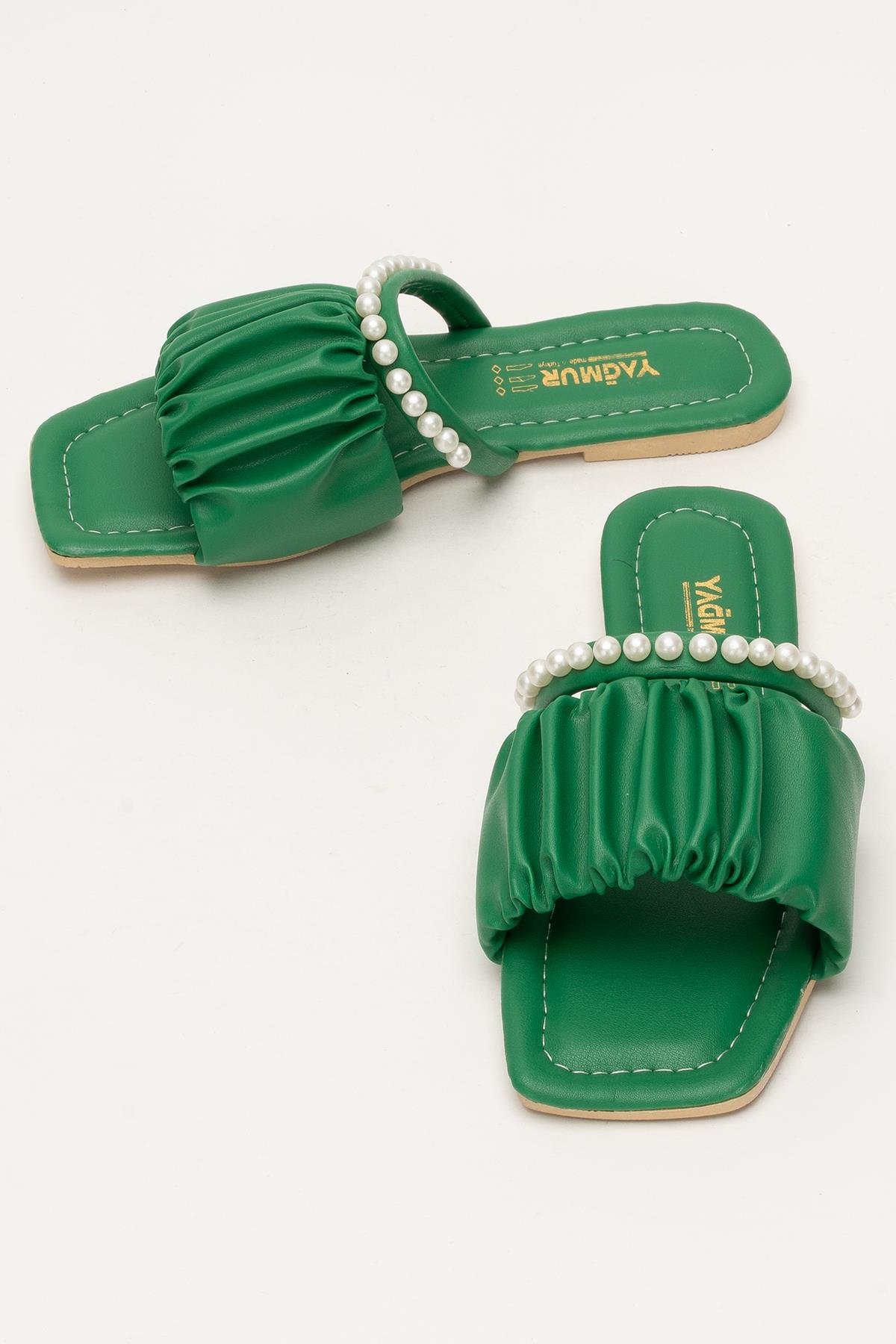 Kadın İnci Taşlı Büzgülü Terlik YEŞİL - Görsel 8