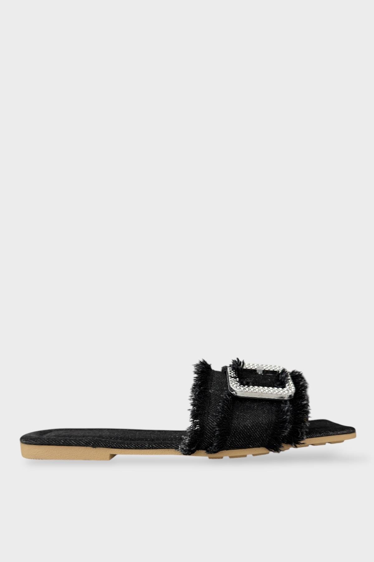 Kadın Püskül Detay Tokalı Denim Terlik SİYAH - Görsel 2