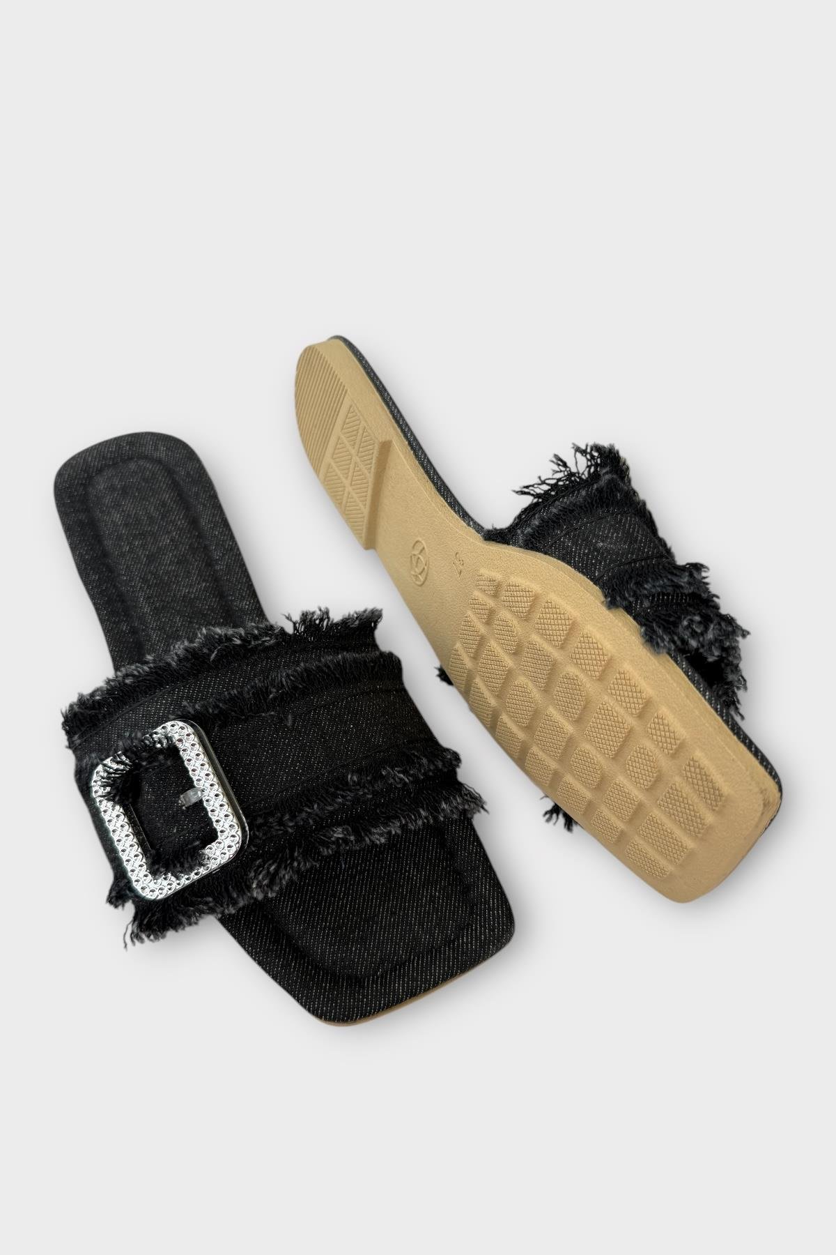 Kadın Püskül Detay Tokalı Denim Terlik SİYAH - Görsel 5