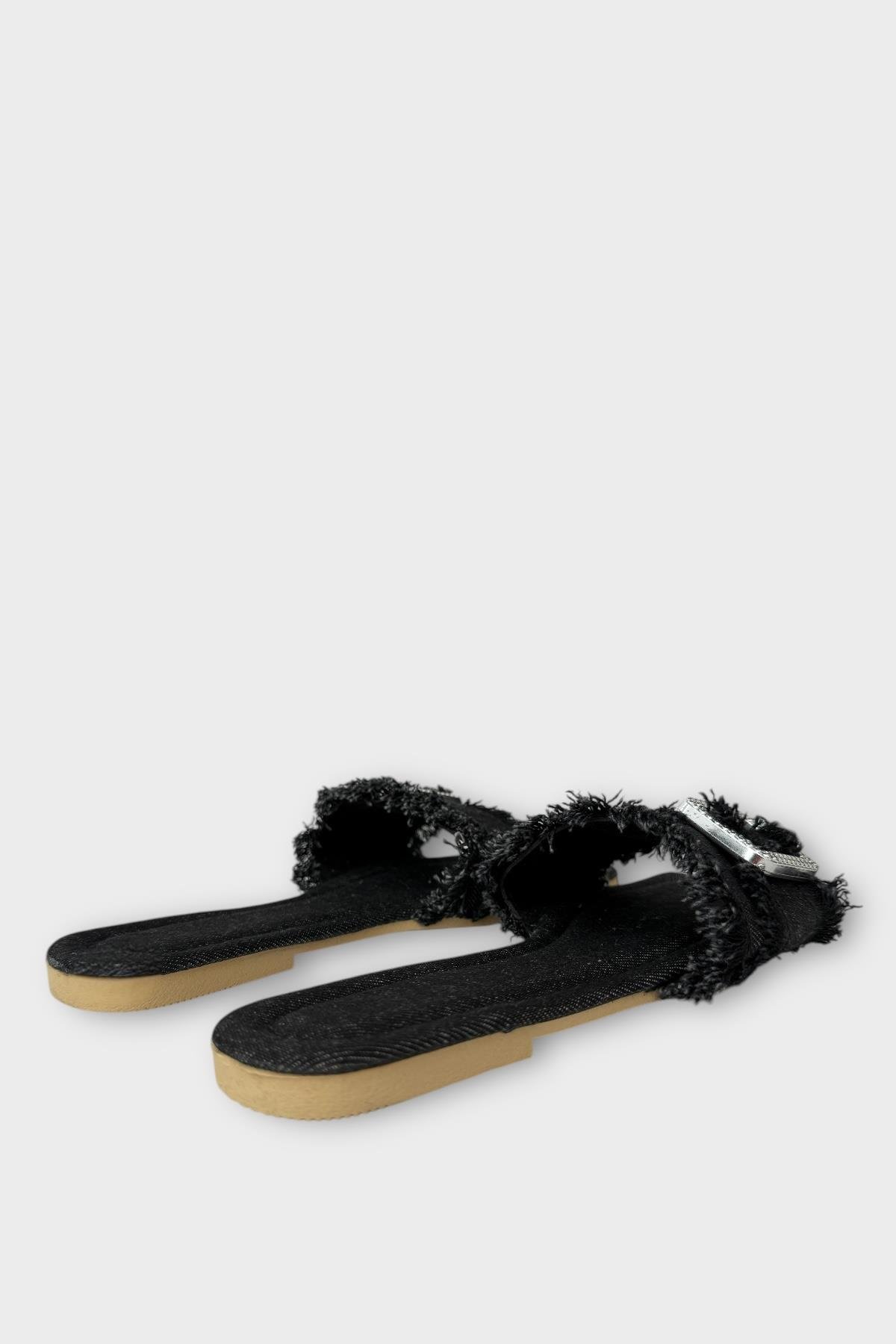 Kadın Püskül Detay Tokalı Denim Terlik SİYAH - Görsel 6