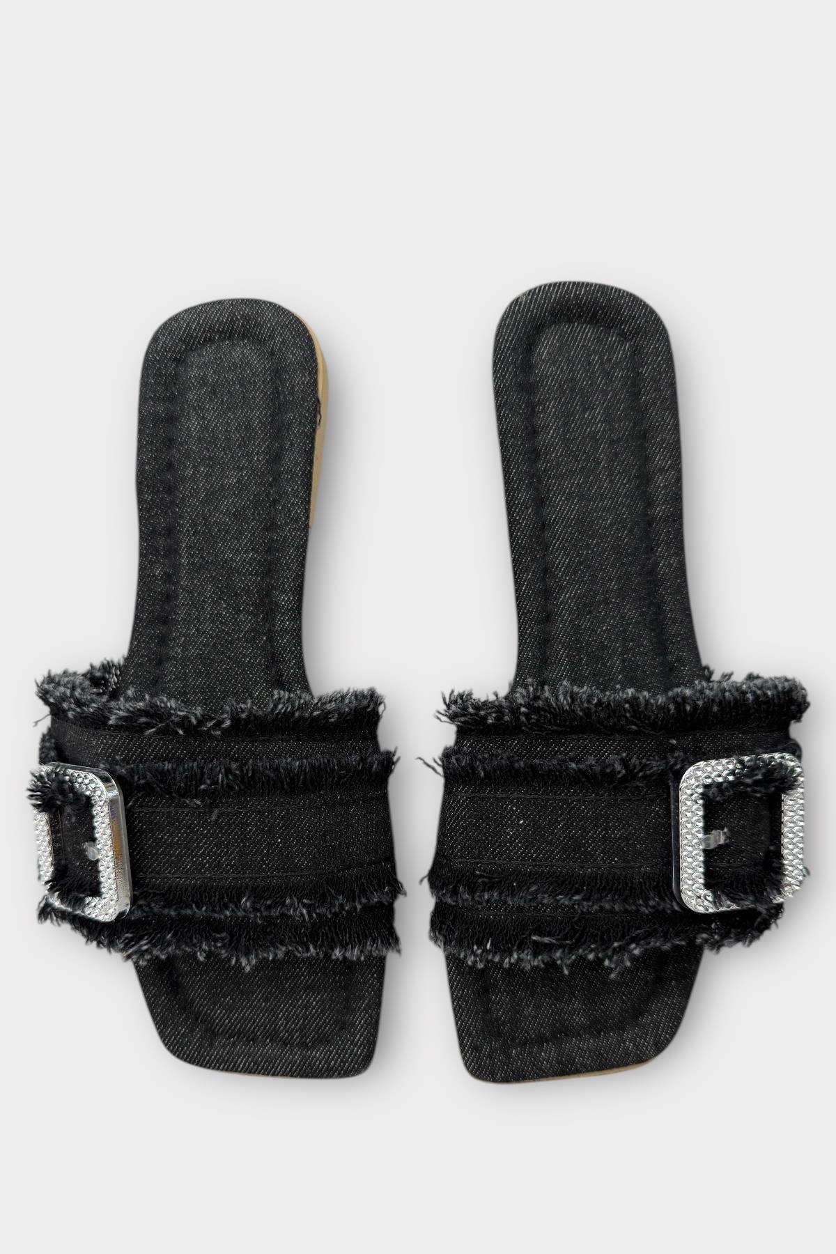 Kadın Püskül Detay Tokalı Denim Terlik SİYAH - Görsel 7