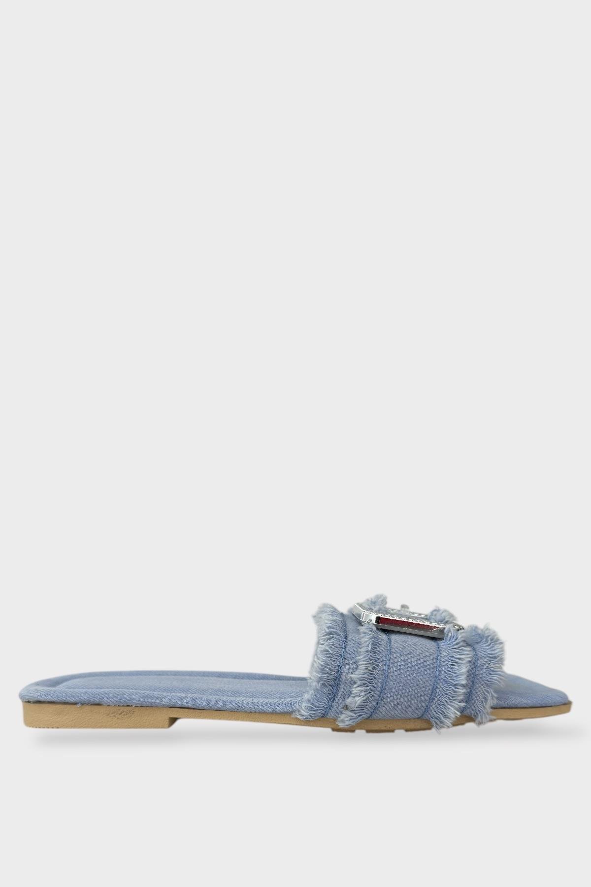 Kadın Püskül Detay Tokalı Denim Terlik MAVİ - Görsel 2