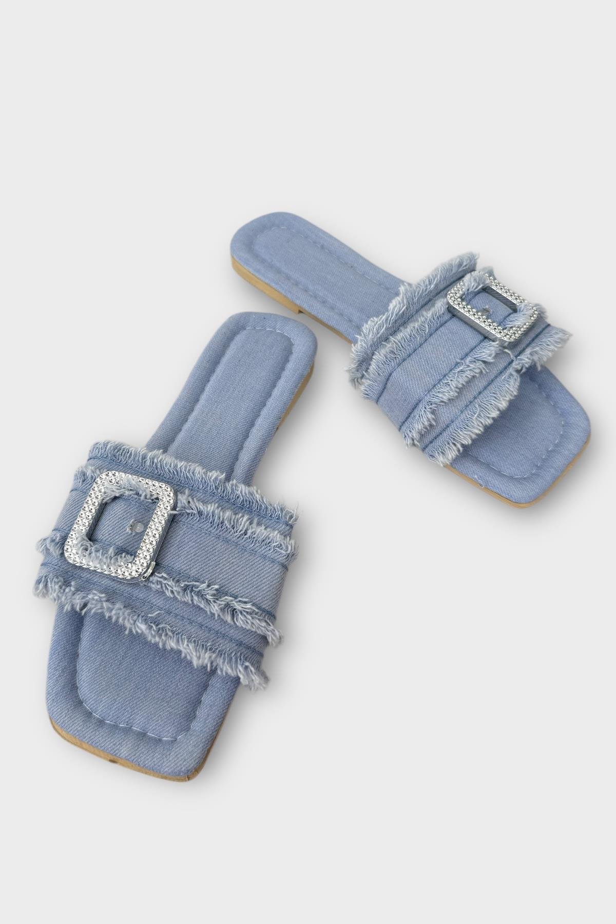 Kadın Püskül Detay Tokalı Denim Terlik MAVİ - Görsel 4
