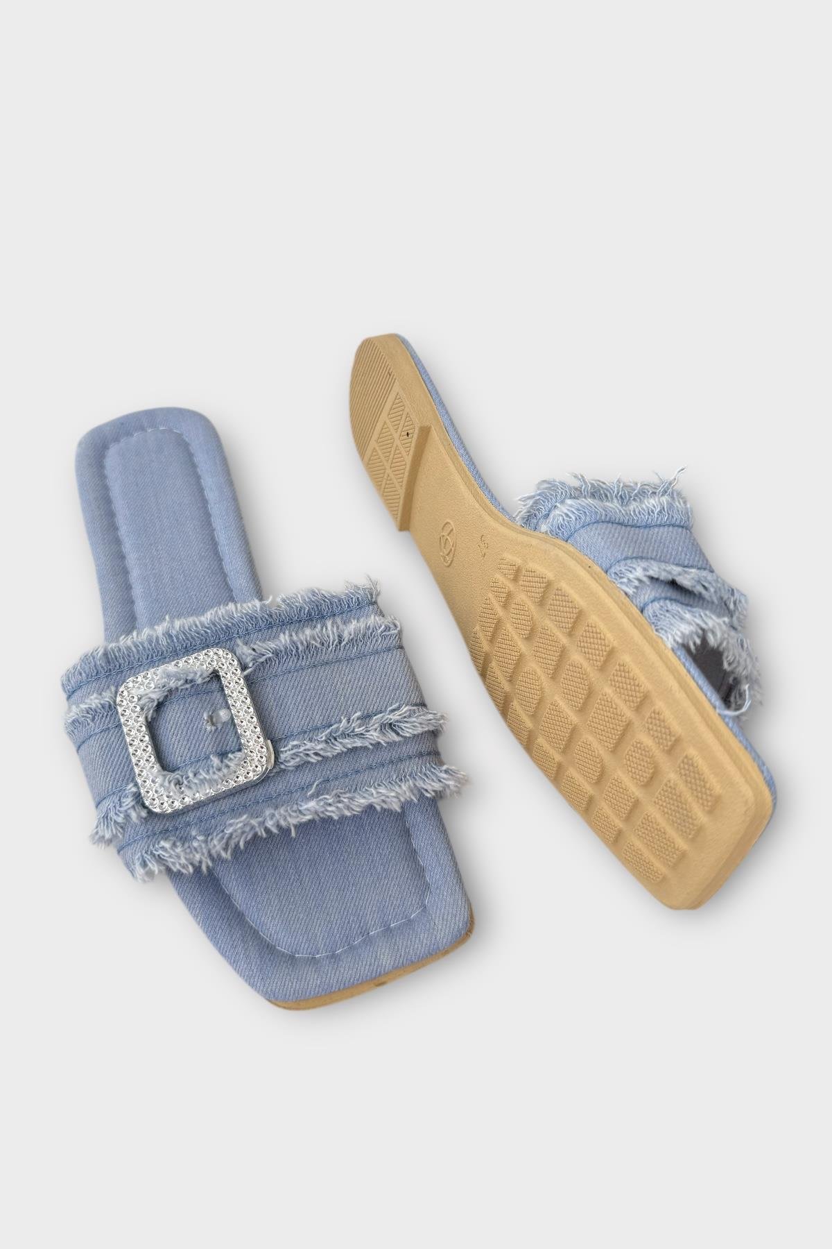 Kadın Püskül Detay Tokalı Denim Terlik MAVİ - Görsel 5