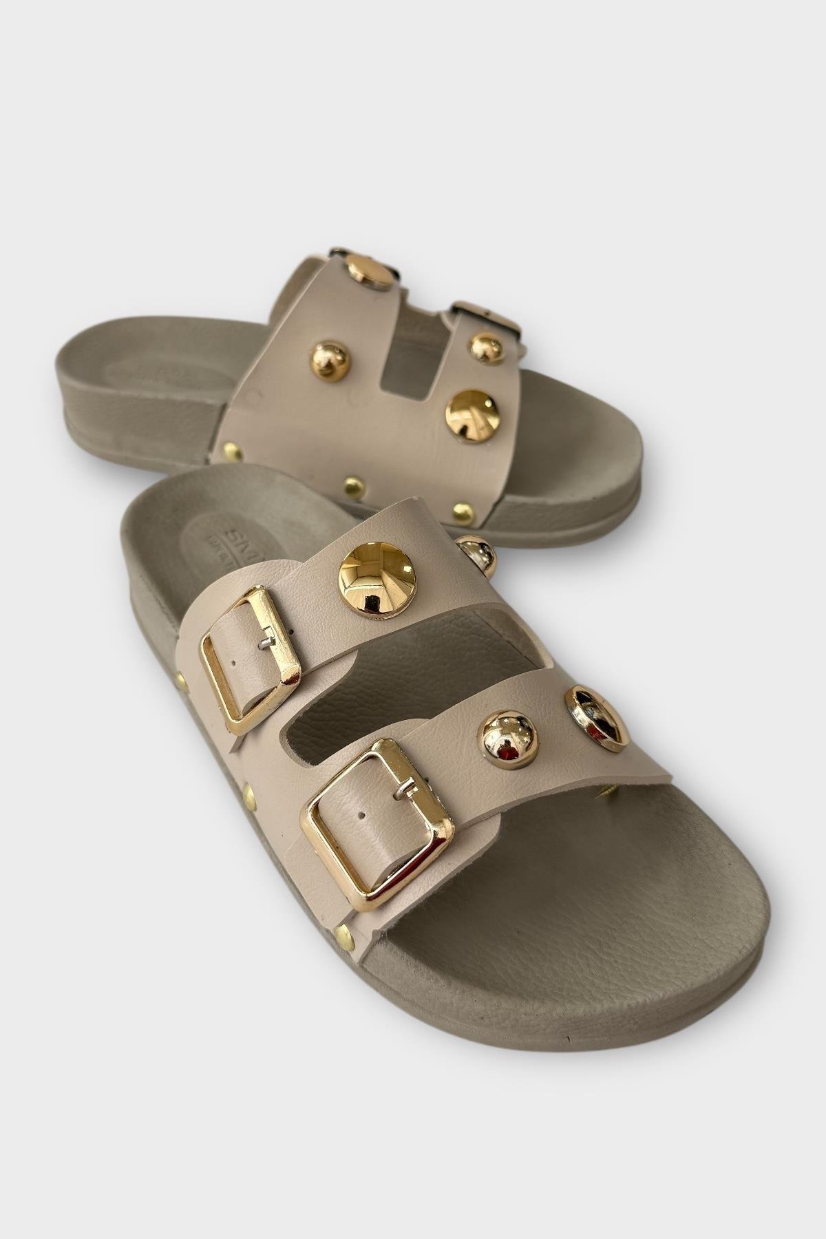 Kadın Çift Bantlı Toka Detaylı Günlük Konfor Terlik KREM - Görsel 3