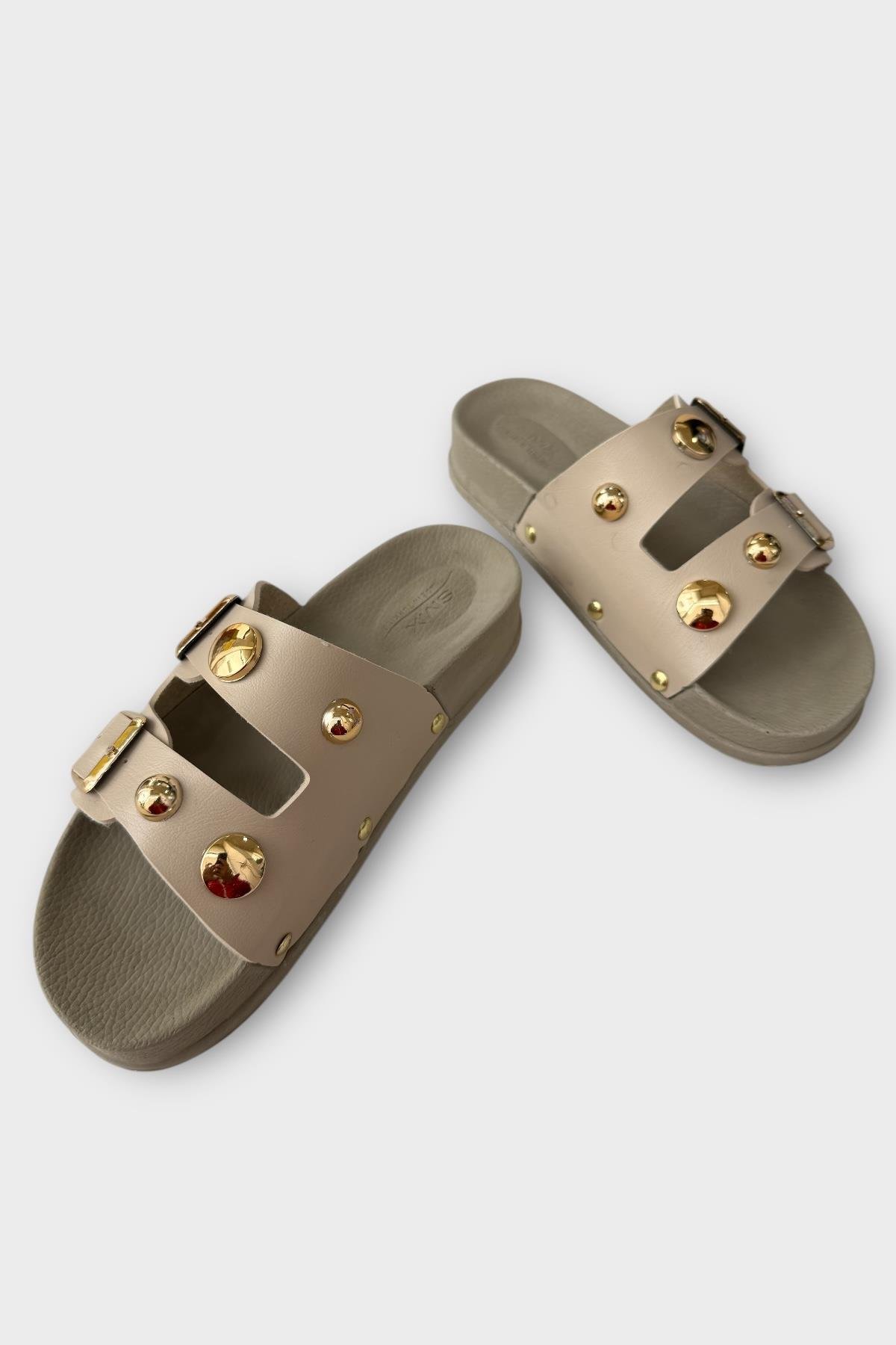 Kadın Çift Bantlı Toka Detaylı Günlük Konfor Terlik KREM - Görsel 4