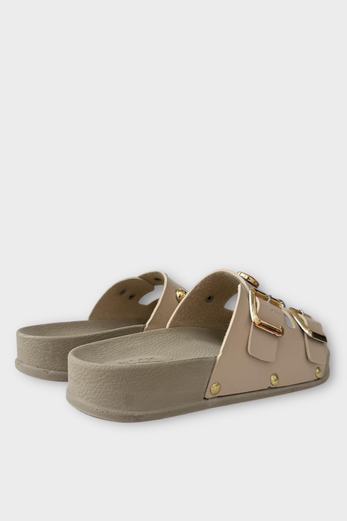 Kadın Çift Bantlı Toka Detaylı Günlük Konfor Terlik KREM - Görsel 6